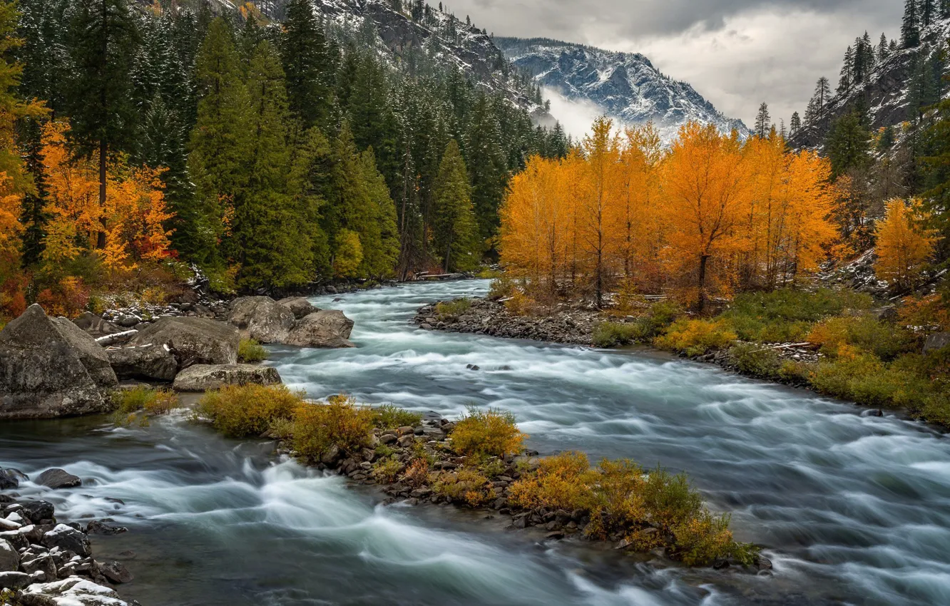 Photo wallpaper autumn, mountains, river