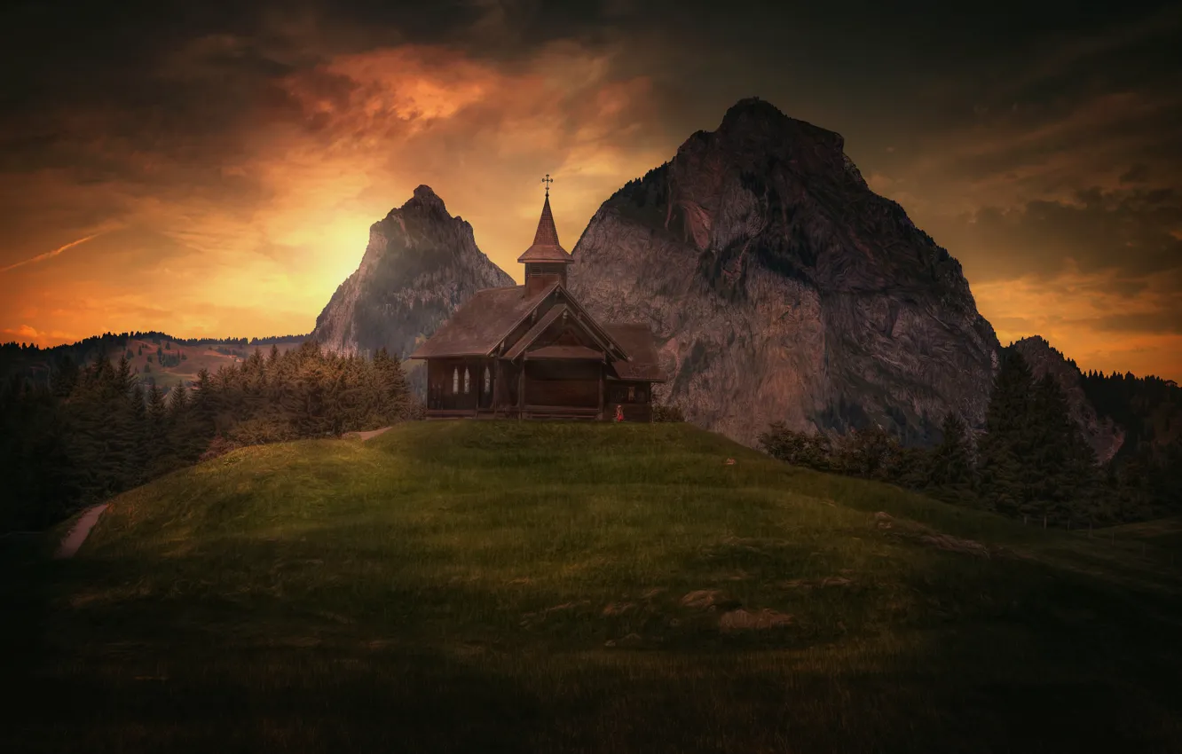 Photo wallpaper mountains, Switzerland, Church