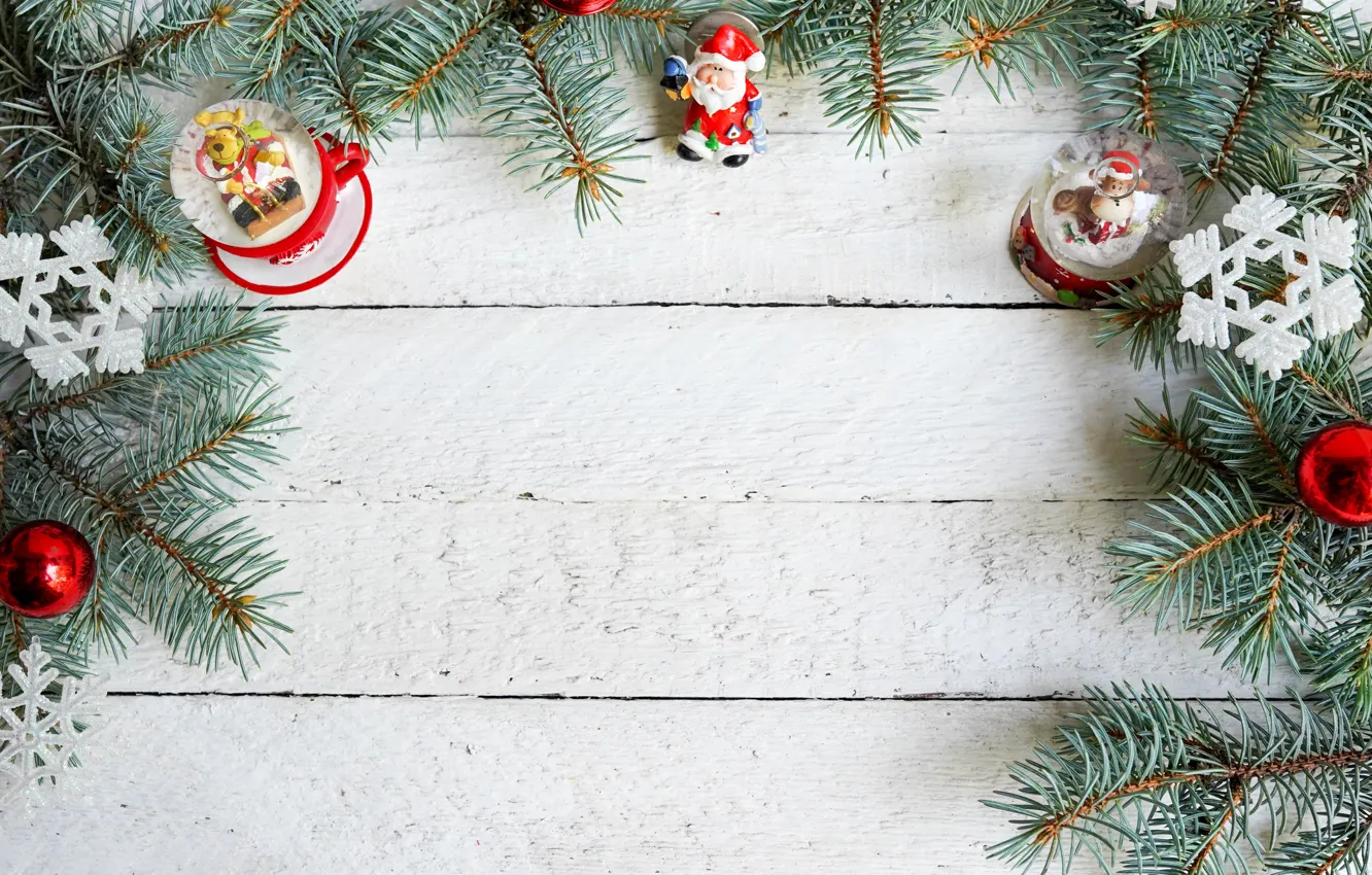 Photo wallpaper snow, decoration, snowflakes, new year, Christmas, Christmas, balls, wood