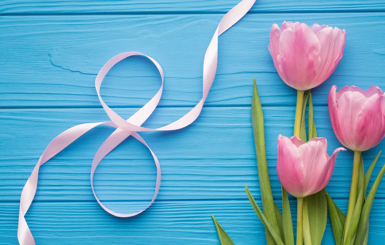 Photo wallpaper flowers, tulips, happy, March 8, wood, pink, flowers, tulips