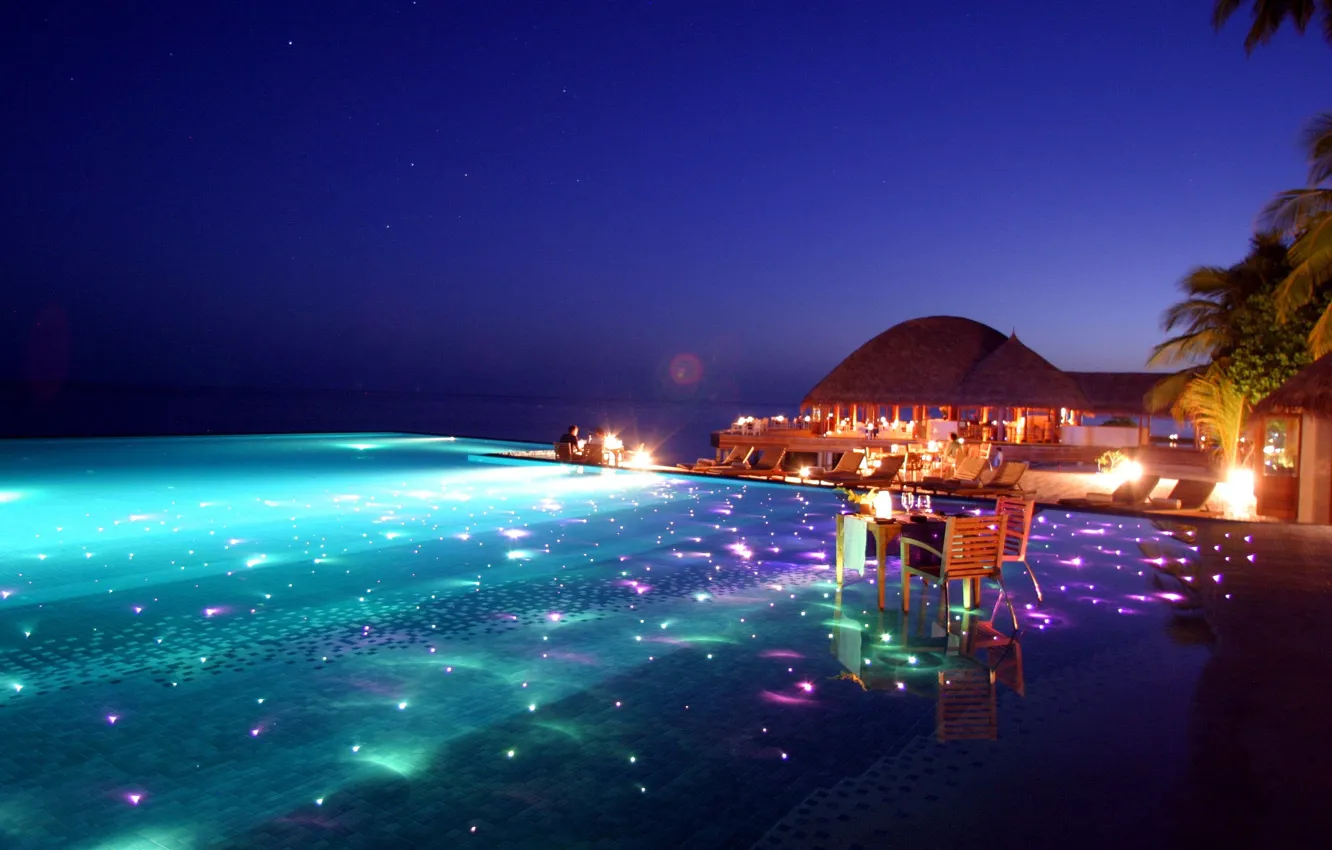 Photo wallpaper lights, the ocean, the evening, pool, restaurant, Bungalow, table