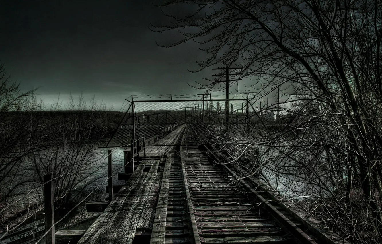 Photo wallpaper road, branches, the darkness, iron