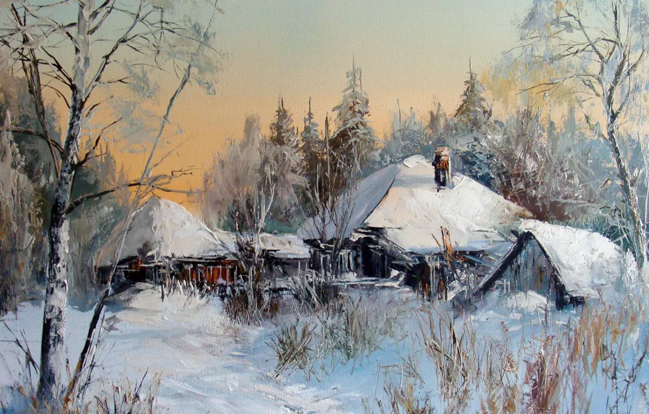 Photo wallpaper winter, oil, picture, painting, canvas, Winter landscape, rural landscape, artist Alexander Lednev