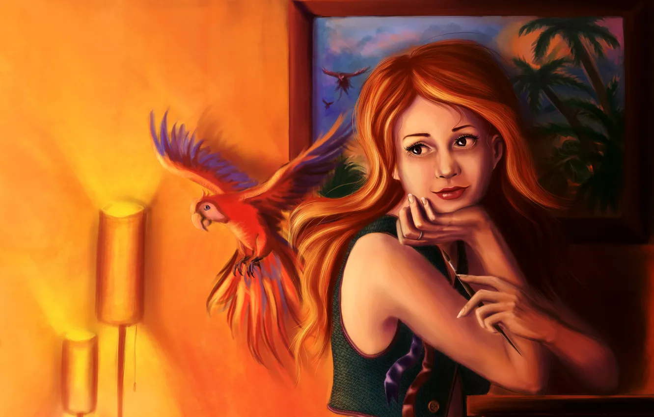 Photo wallpaper look, girl, light, room, picture, art, parrot, red