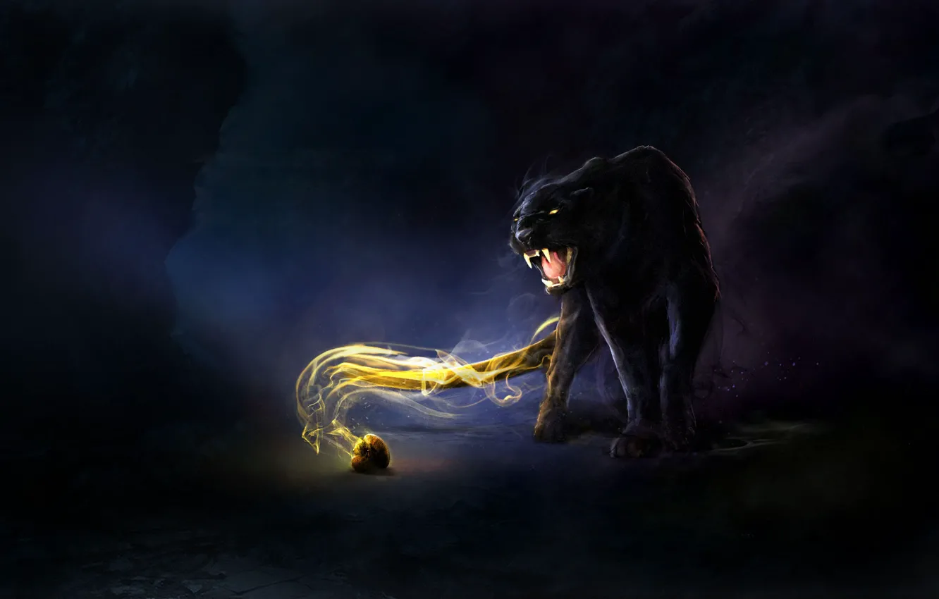 Photo wallpaper cat, magic, predator, Panther, art, mouth, fangs, cave