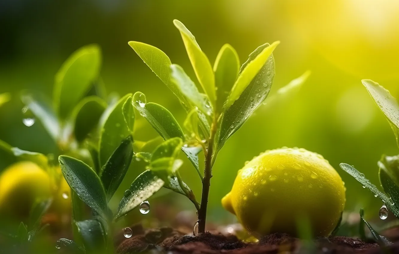 Photo wallpaper green, nature, art, leaves, fruit, water drops, sunlight, plants