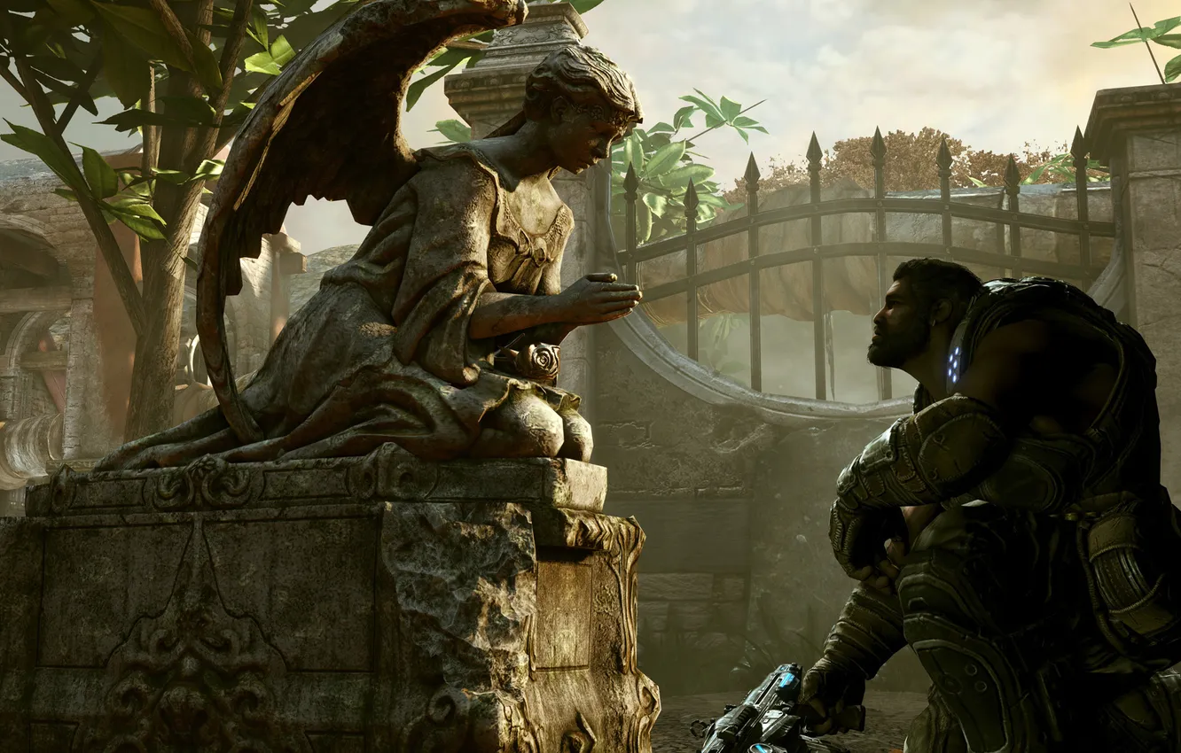 Photo wallpaper soldiers, male, statue, Gears of War 3