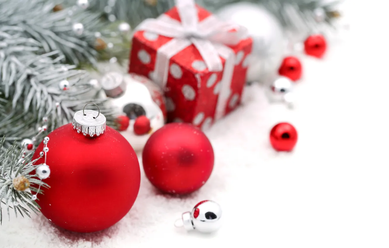 Photo wallpaper winter, balls, branches, red, holiday, gift, toy, tree