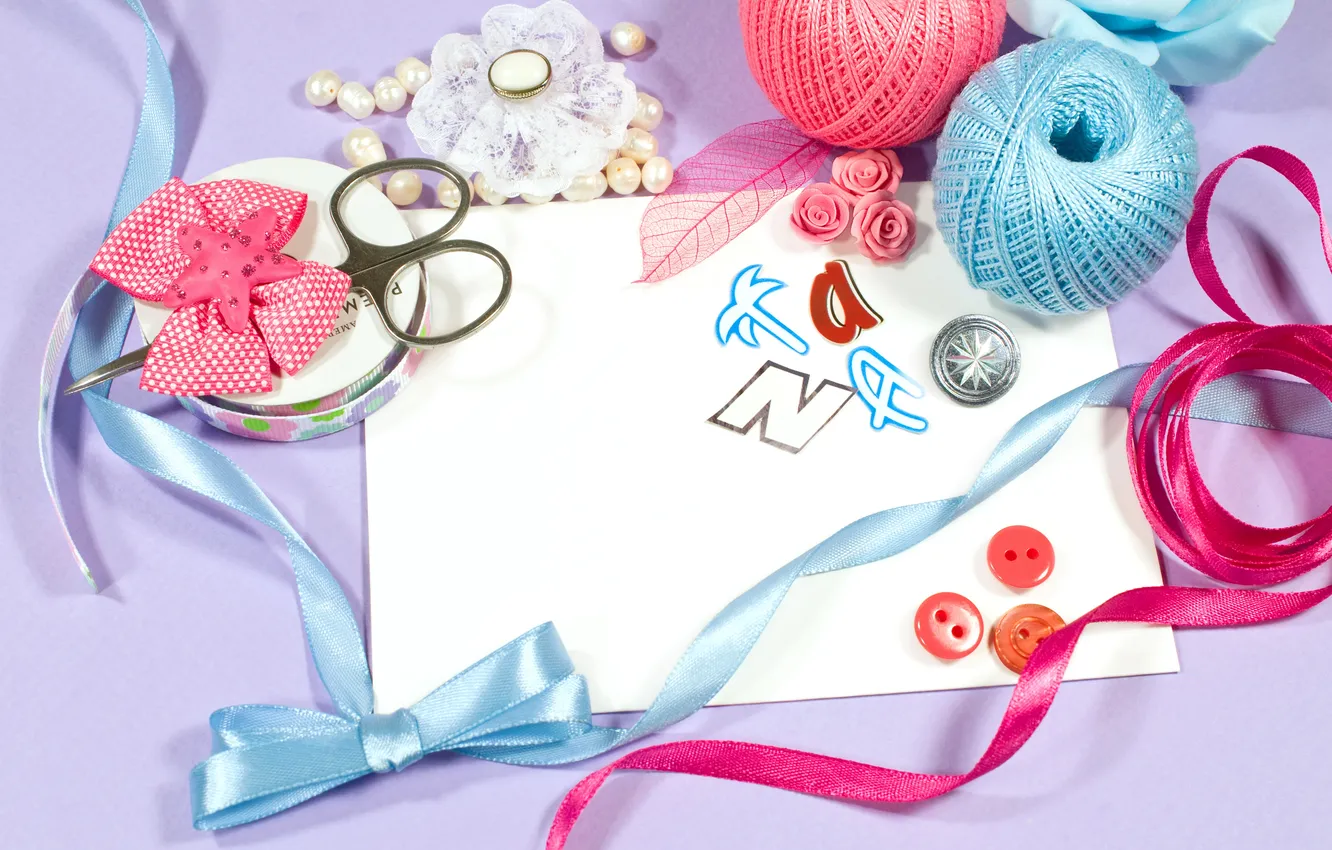 Photo wallpaper tape, pearl, buttons, thread, bow, scissors