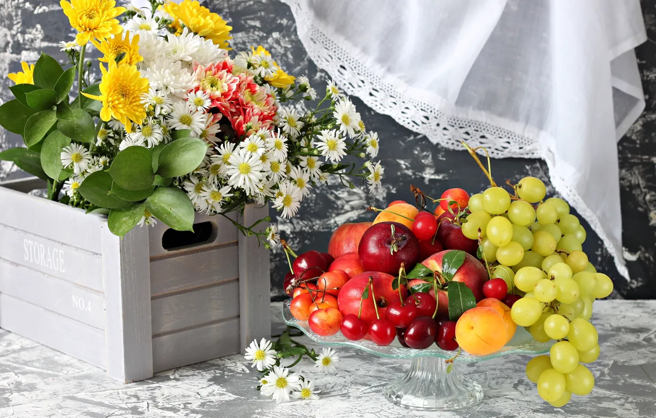 Photo wallpaper flowers, bouquet, grapes, fruit, apricot, cherry, nectarine