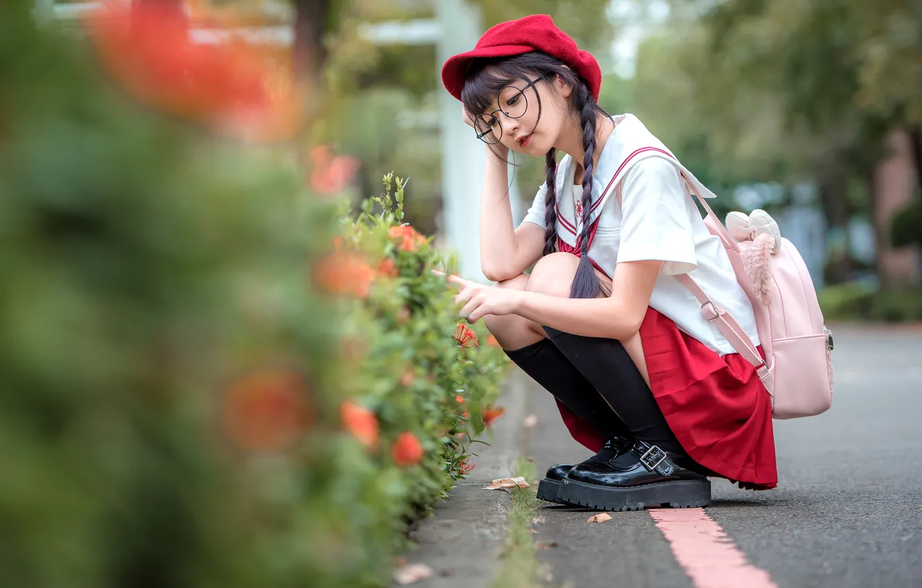 Photo wallpaper girl, glasses, braids, cap, Asian, backpack