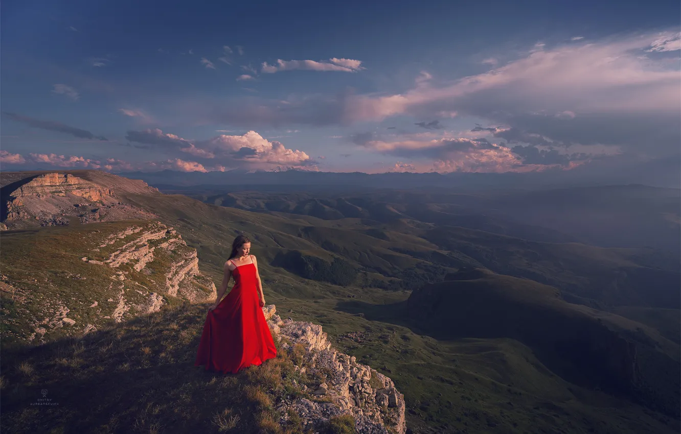 Photo wallpaper the sky, girl, nature, pose, shadow, valley, dress, plateau