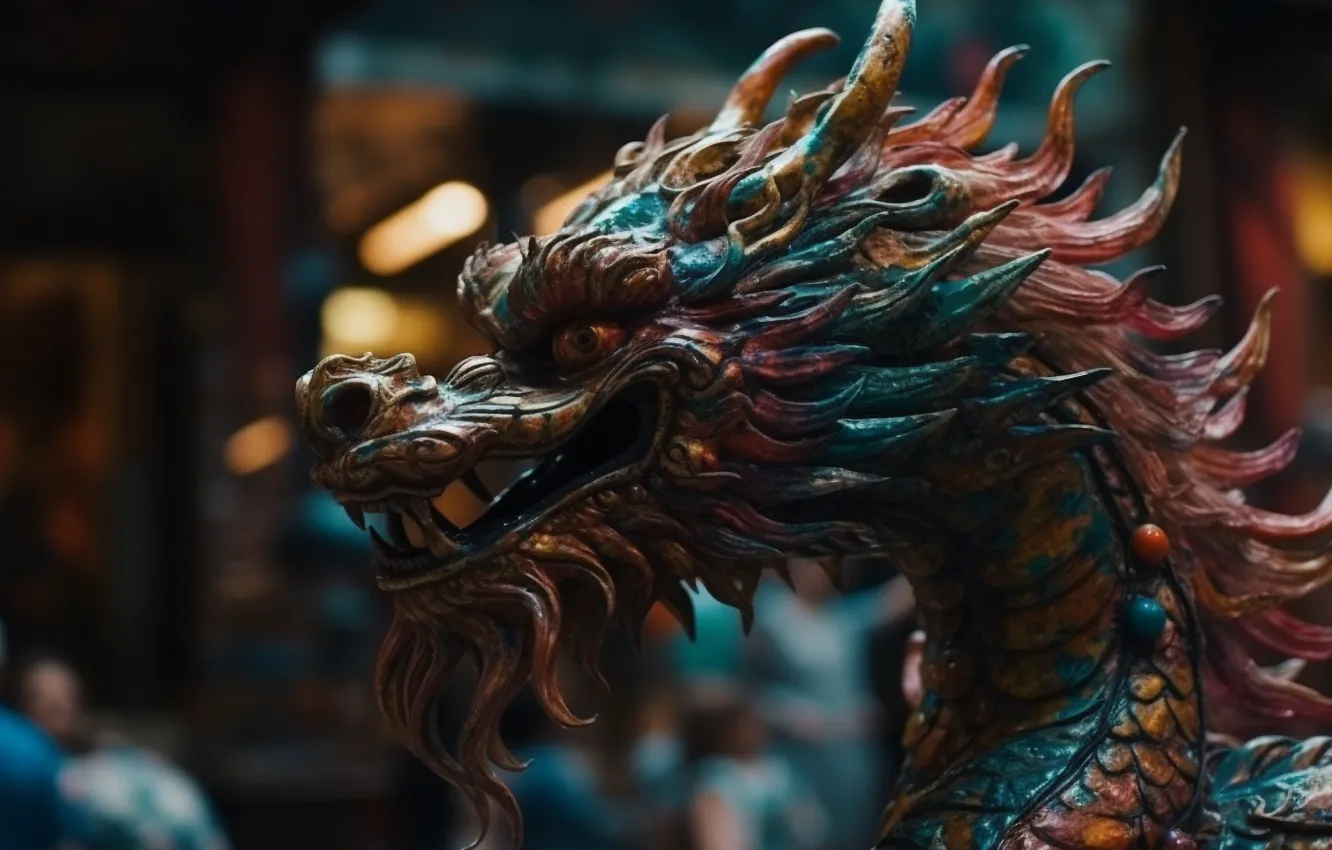 Photo wallpaper look, face, the city, street, dragon, Asia, figure, mouth