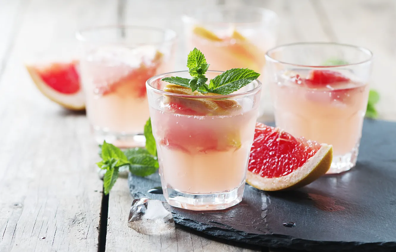 Photo wallpaper ice, leaves, glass, food, drink, fruit, mint, grapefruit
