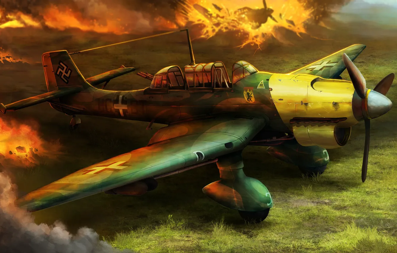 Photo wallpaper Figure, The plane, War, The explosion, Art, Explosions, Bomber, The Germans