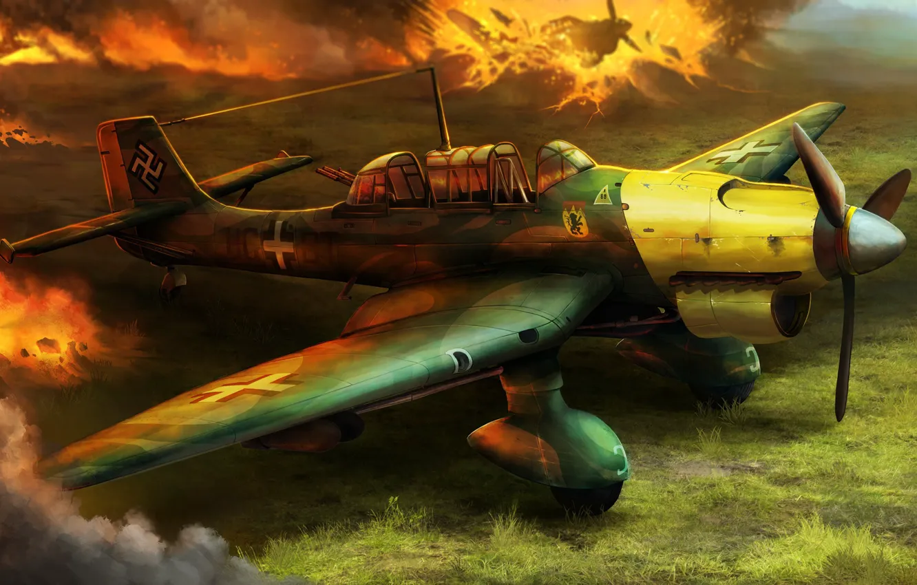 Photo wallpaper the explosion, war, figure, art, bomber, the plane, the Germans, thing