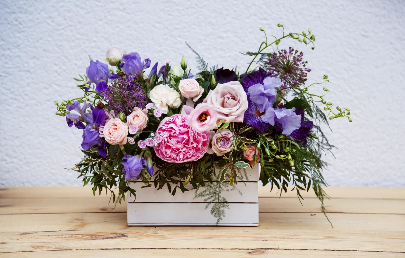 Photo wallpaper flowers, roses, bouquet, box, peonies, iris