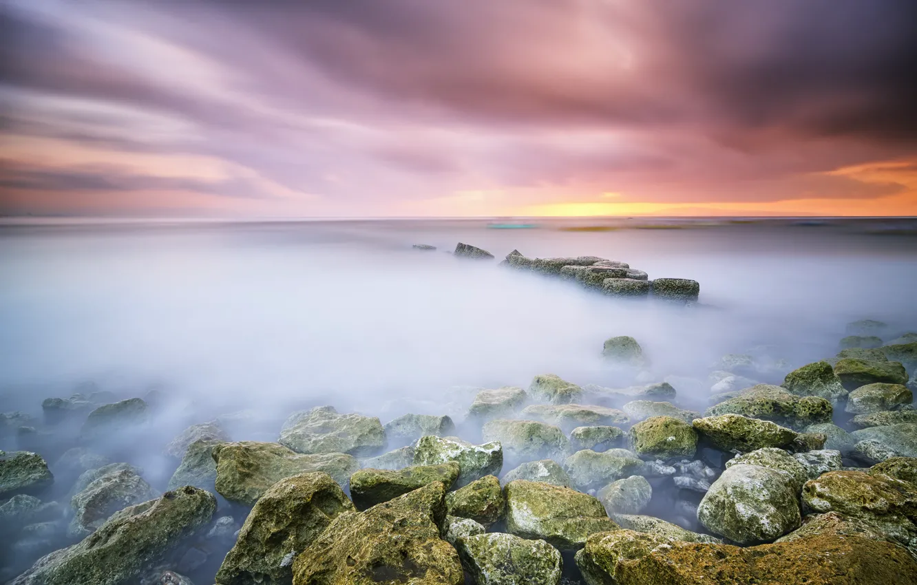 Photo wallpaper stones, the ocean, dawn, excerpt, Bali, Indonesia, Sanur, Sunrise Beach