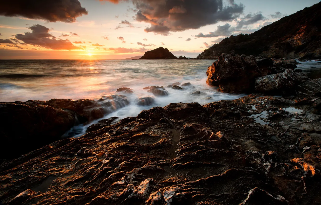 Photo wallpaper sea, the sun, stones, rocks, dawn, shore, threads