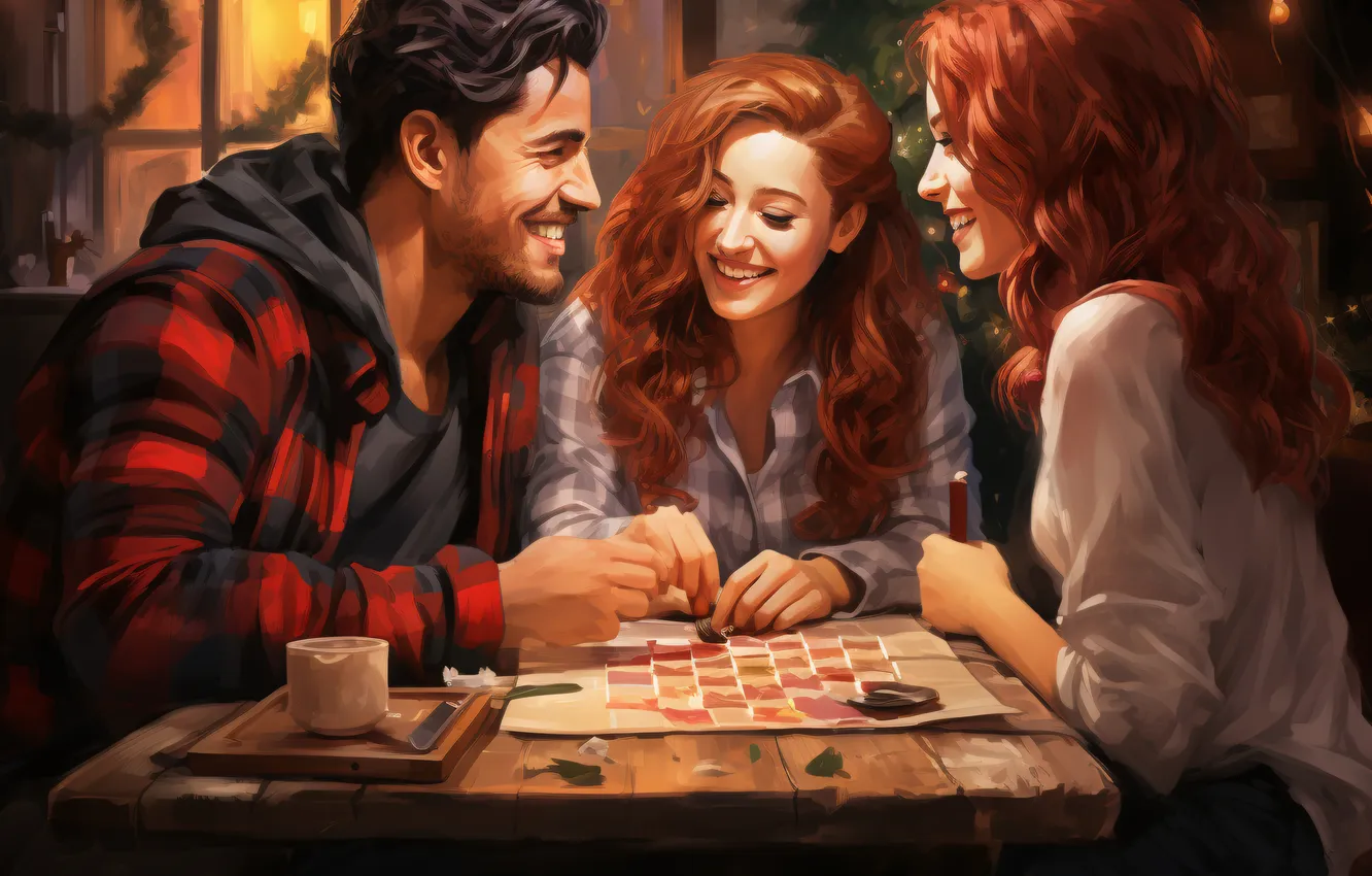 Photo wallpaper Girls, Smile, Table, Christmas, New year, Guy, Joy, Three