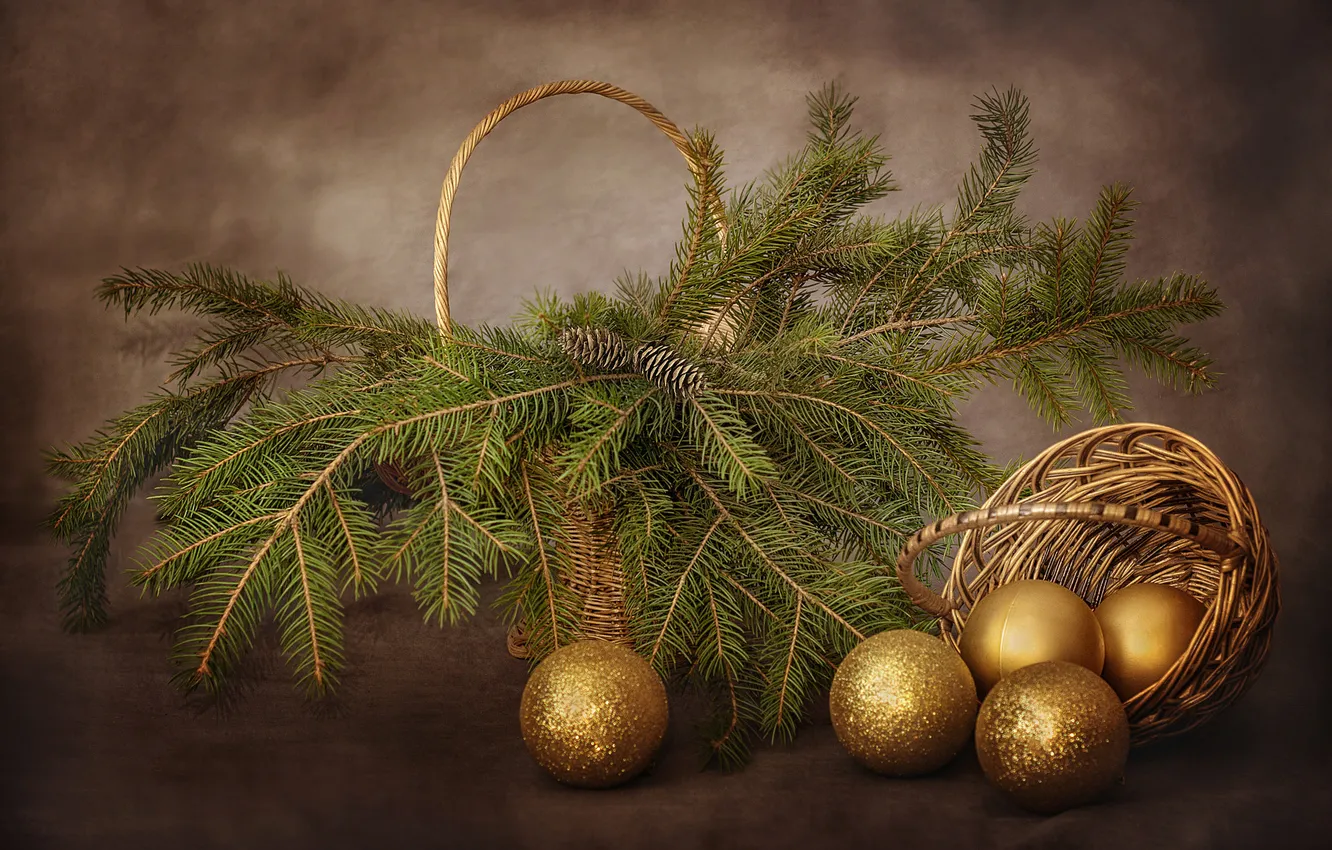 Photo wallpaper balls, branches, table, Shine, new year, bouquet, Christmas, gold
