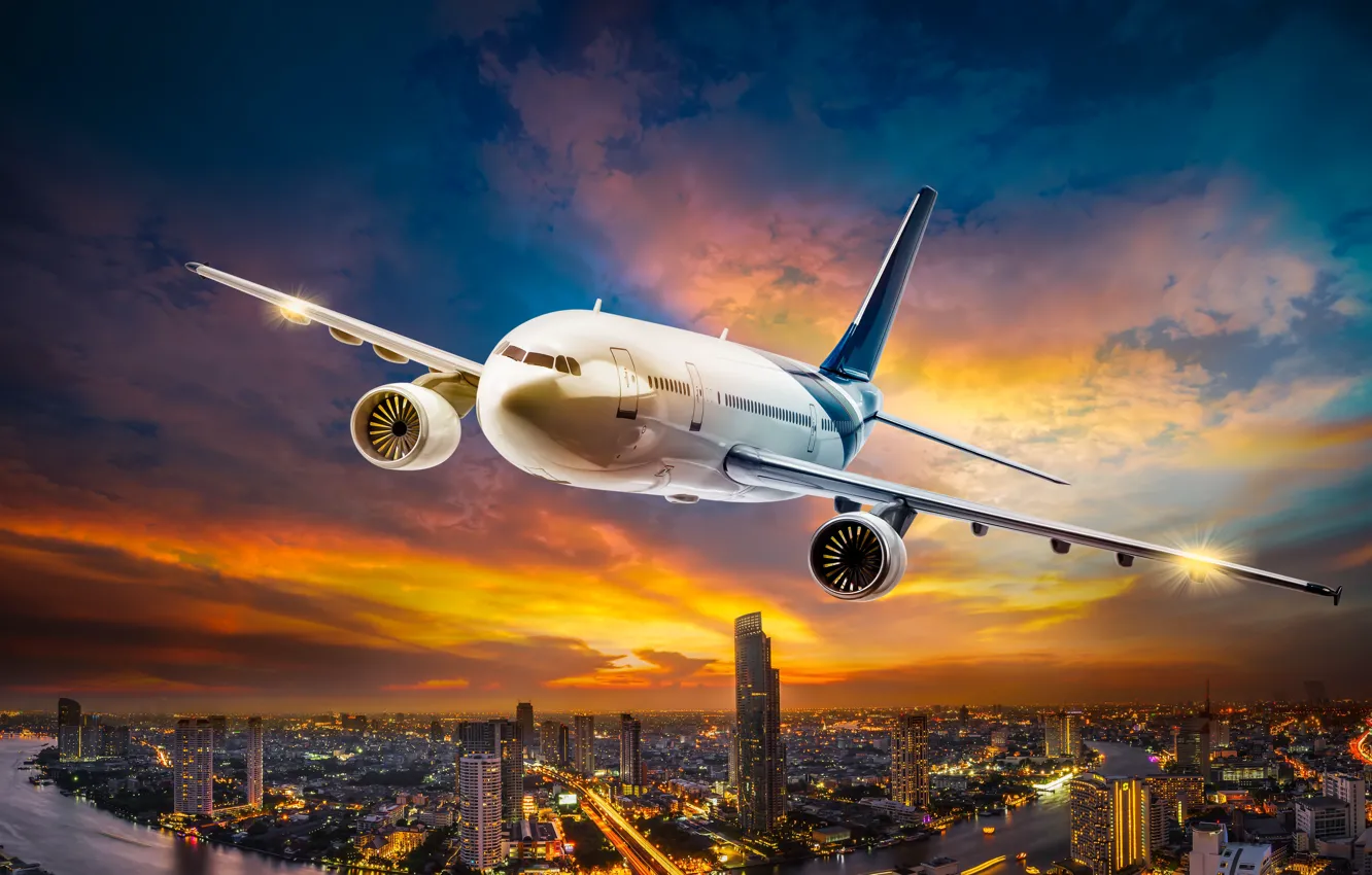 Photo wallpaper the sky, clouds, flight, lights, the plane, engine, height, blur