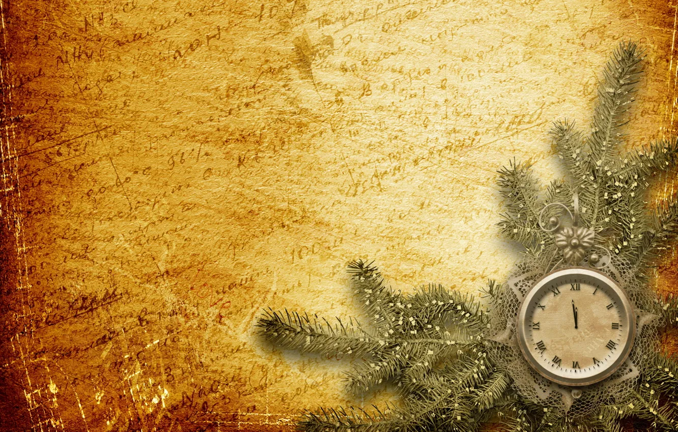 Photo wallpaper background, holiday, watch, new year, spruce, branch, gold, new year
