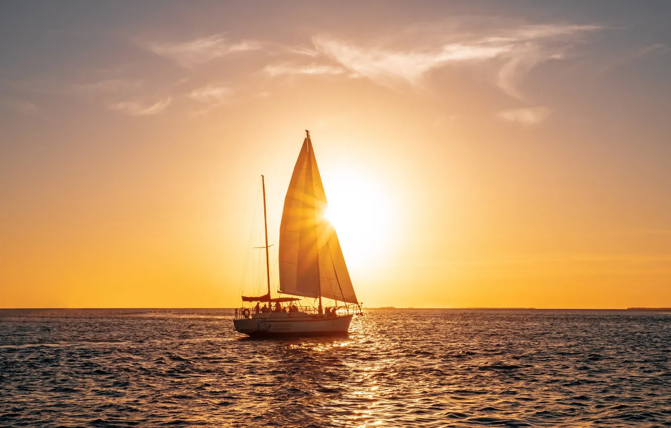 Photo wallpaper sea, the sun, the way, sailboat, morning, yacht, sail, swimming