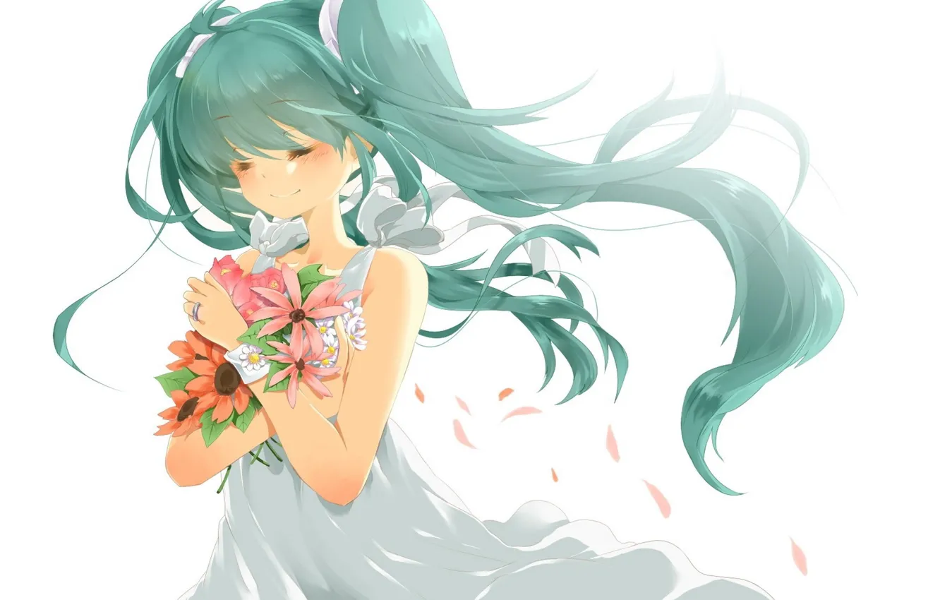 Photo wallpaper bouquet, white background, vocaloid, hatsune miku, white dress, long hair, wildflowers, ring