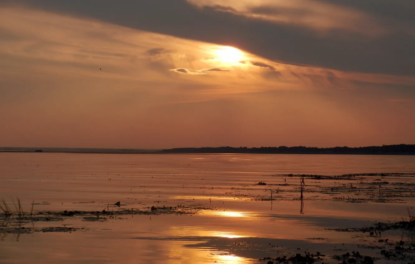 Photo wallpaper water, the sun, clouds, landscape, sunset