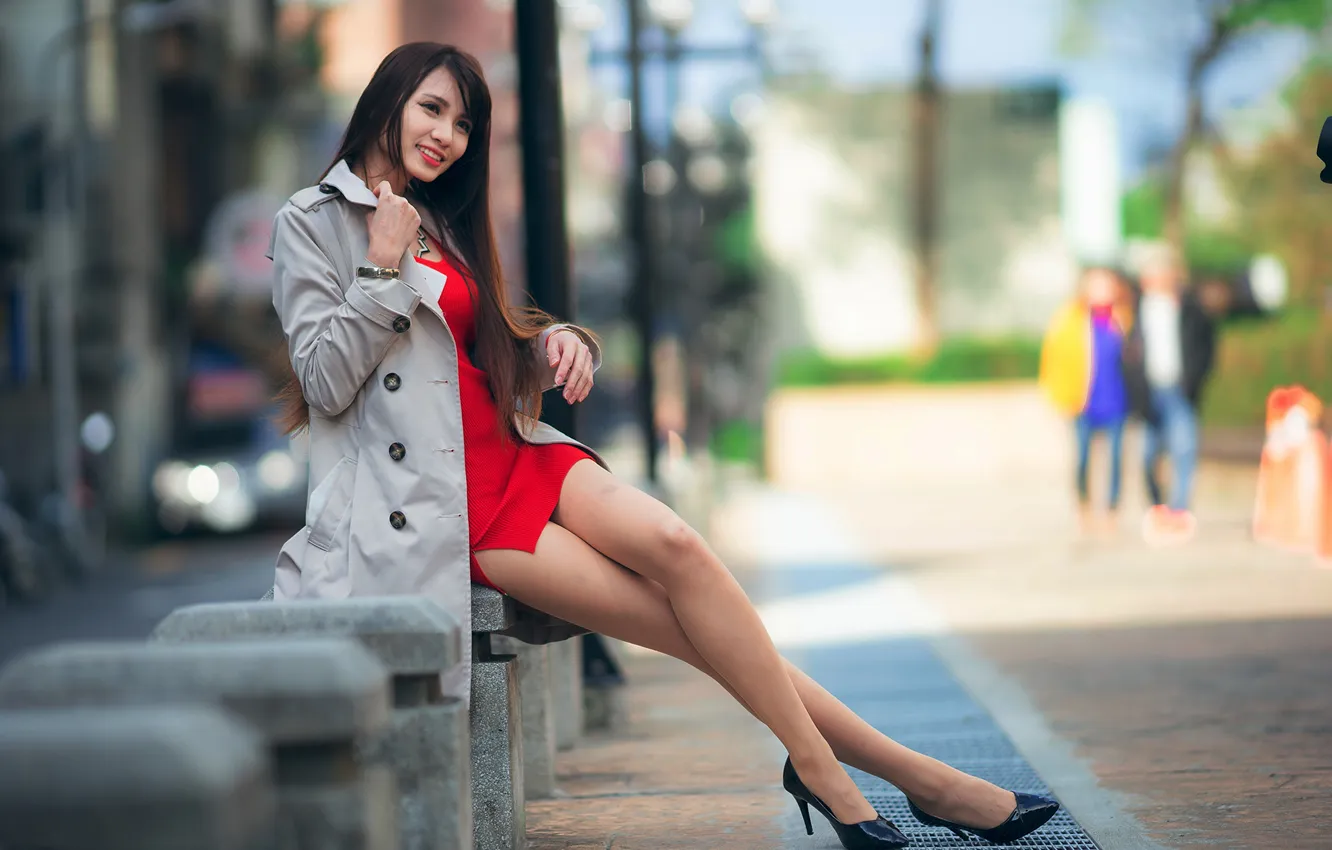 Photo wallpaper smile, street, shoes, Asian, red dress, cutie, asian, cutie