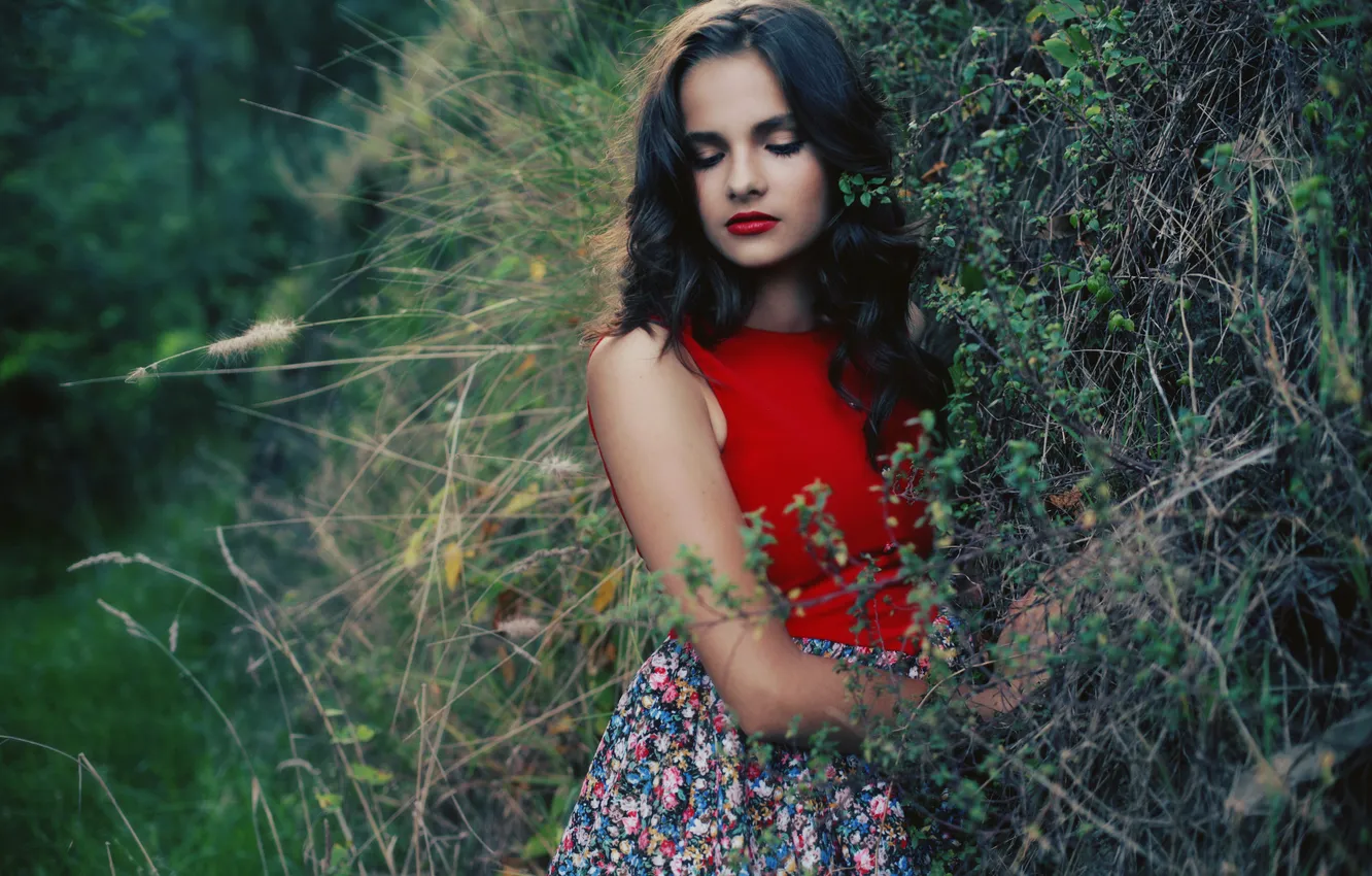 Photo wallpaper forest, grass, girl, skirt, Mike, brunette, lips, al