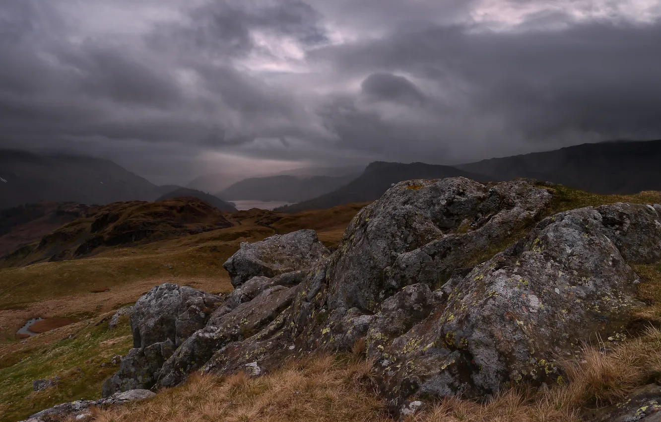 Photo wallpaper mountains, clouds, stones