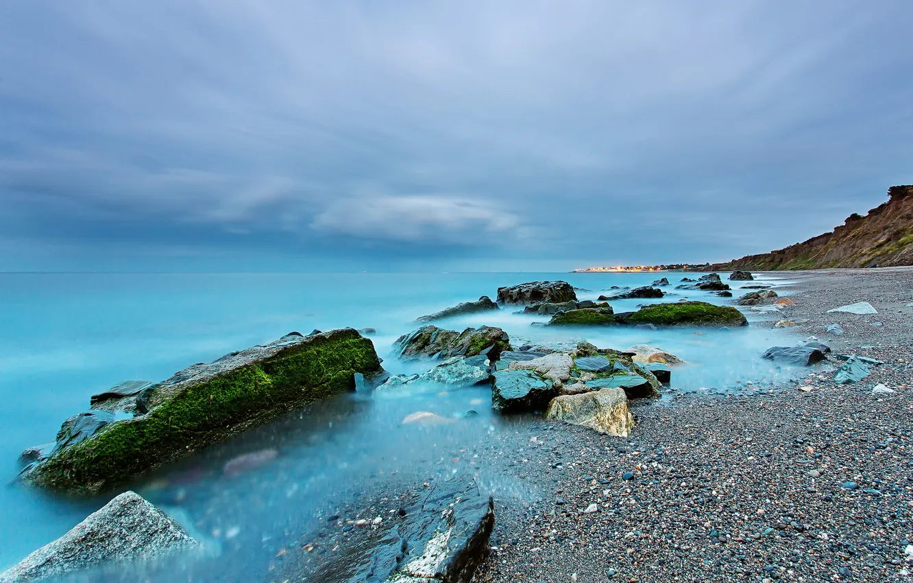 Photo wallpaper sea, algae, clouds, lights, stones, shore, the evening, twilight