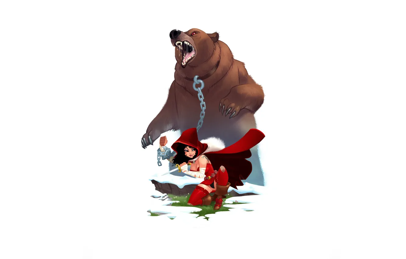 Photo wallpaper girl, bear, mouth, chain, knife, legs