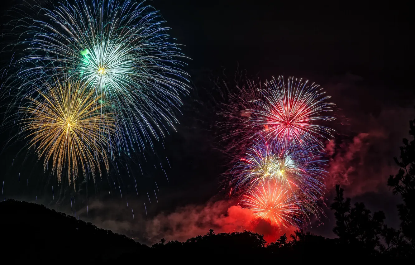 Photo wallpaper night, balls, salute, sparks, fireworks