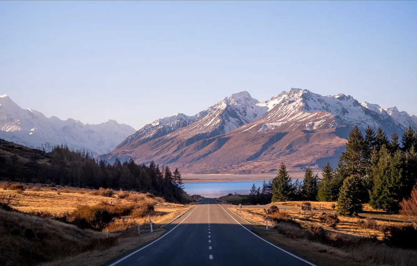 Photo wallpaper road, the sun, mountains, lake