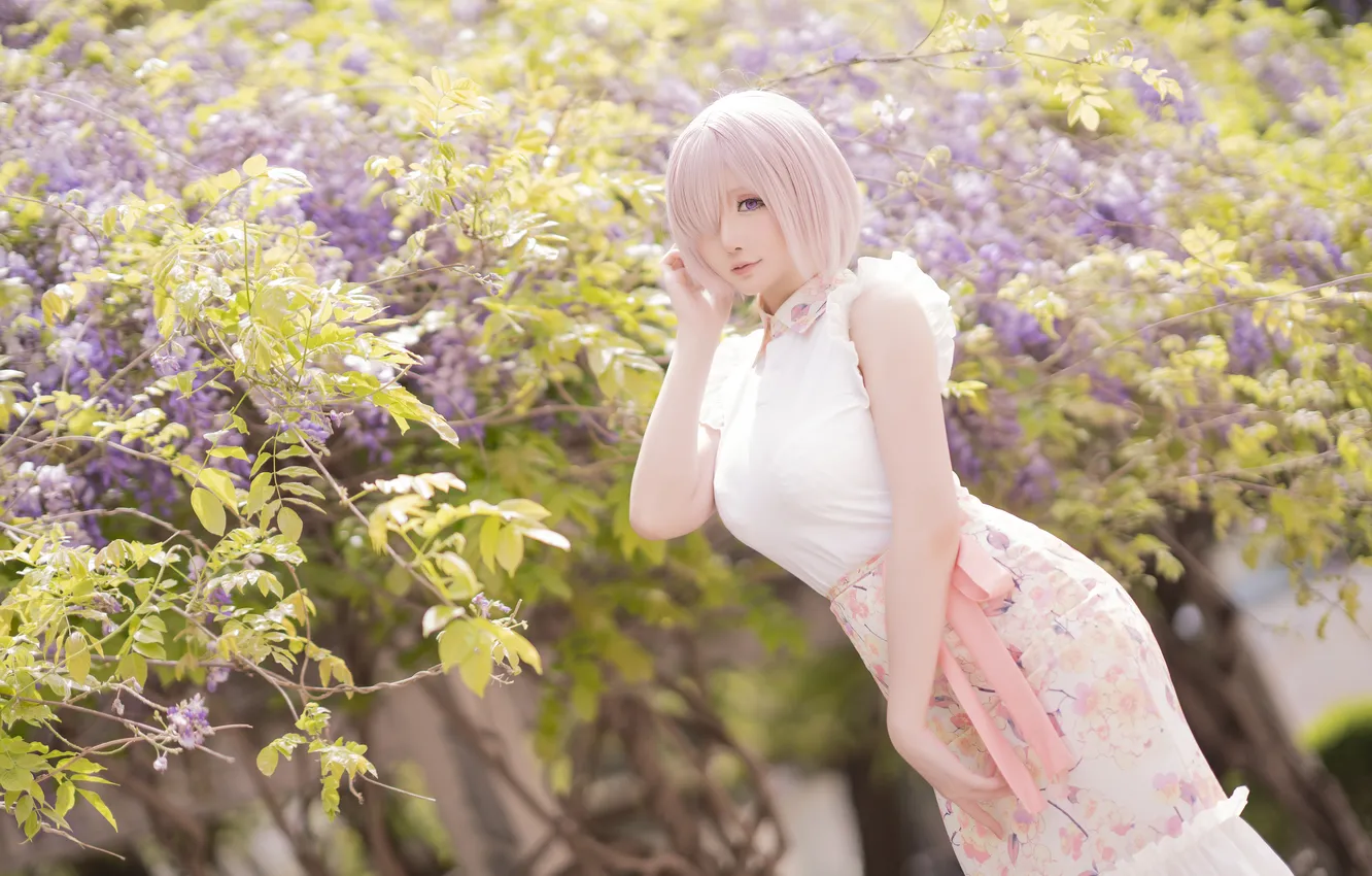 Photo wallpaper flowers, pose, model, dress, blonde, Asian, beauty, model