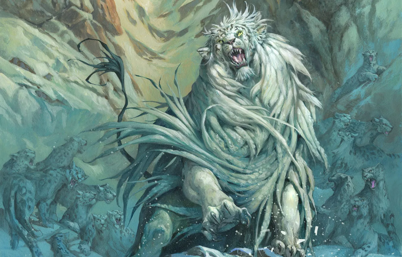 Photo wallpaper fiction, figure, IRBIS, snow leopard, roar, Leopard, Magic The Gathering, Jesper Ejsing
