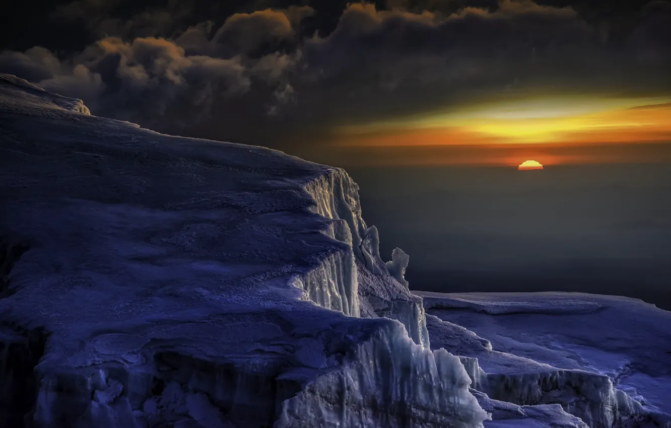 Photo wallpaper the sky, clouds, sunrise, dawn, ice, Kilimanjaro, Tanzania