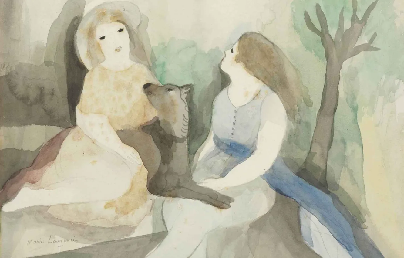 Photo wallpaper watercolor, pencil, Modern, Marie Laurencin, Two women with a dog