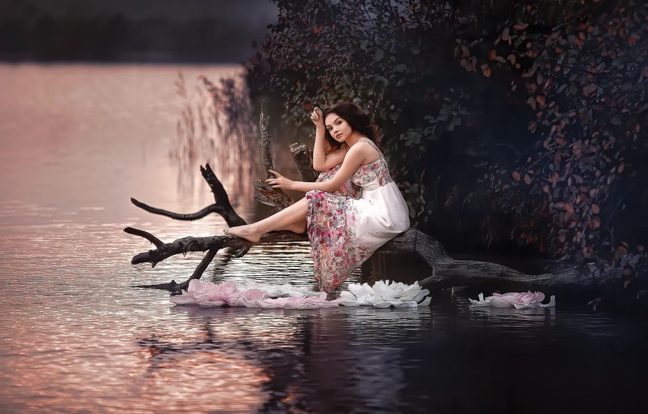 Photo wallpaper water, girl, nature, dress, brunette, snag, the bushes, Olesya Efanova