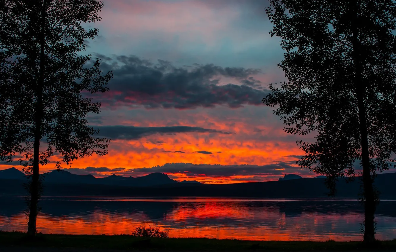 Photo wallpaper the sky, clouds, trees, sunset, mountains, nature, lake, the evening