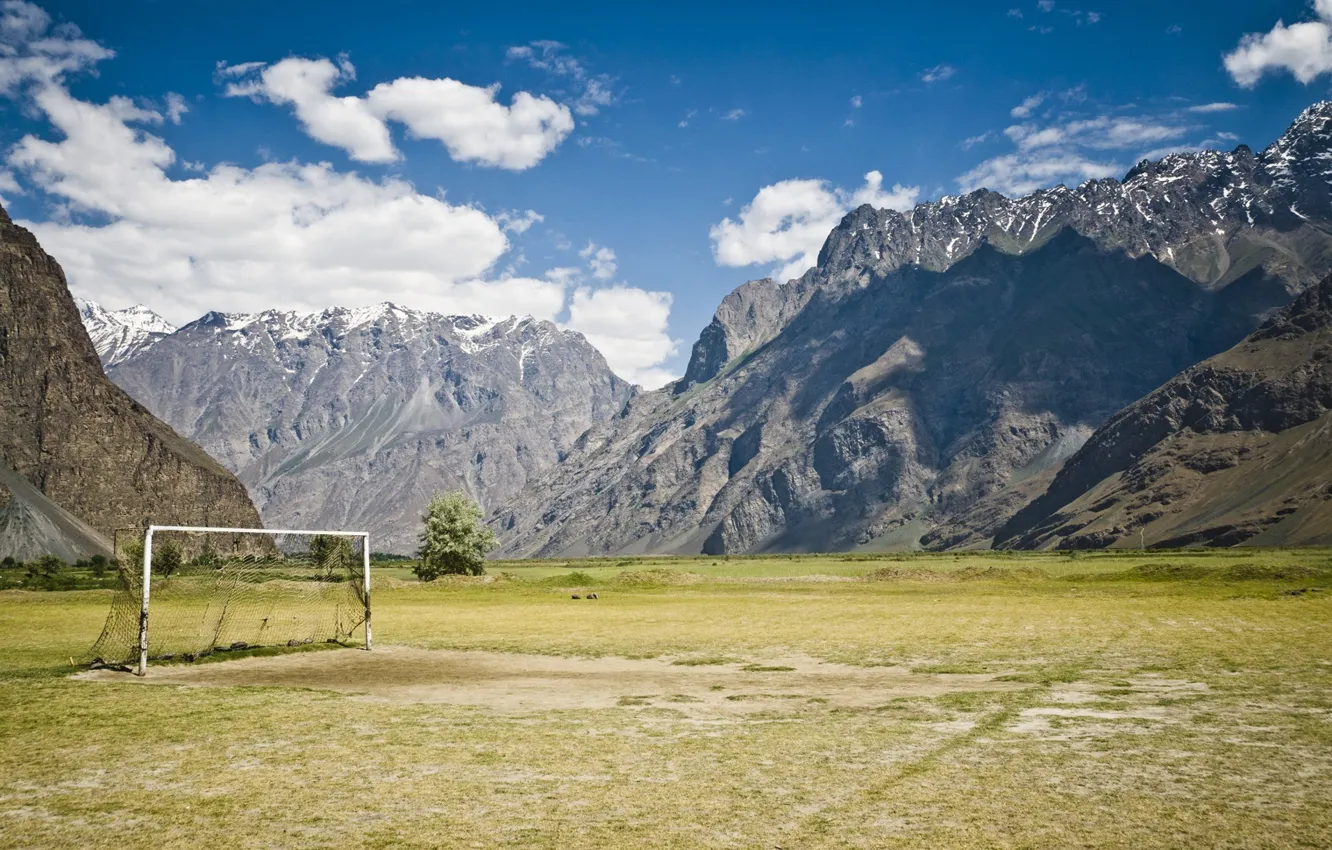 Photo wallpaper field, mountains, football, gate, Tajikistan