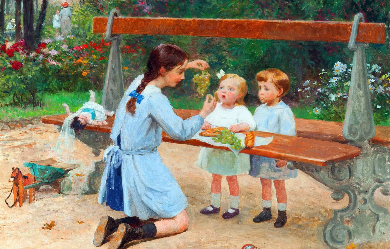 Photo wallpaper bench, children, picture, grapes, three, French painter, Victor Gabriel Gilbert, Victor Gabriel Gilberto