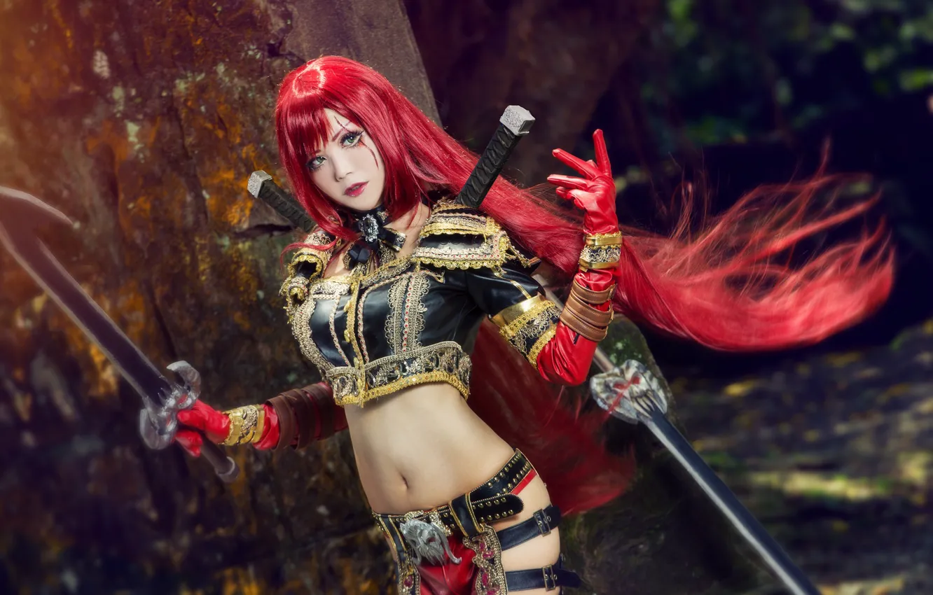 Photo wallpaper look, girl, face, style, the dark background, weapons, tummy, sword