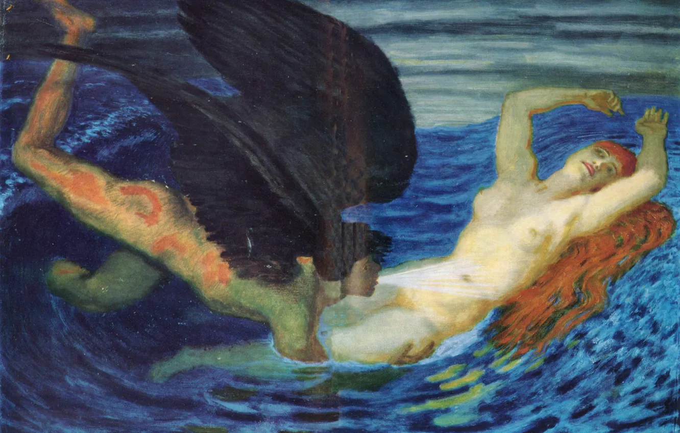 Photo wallpaper 1927, redhead woman, Franz von Stuck, The wind and the wave., the angel with black …