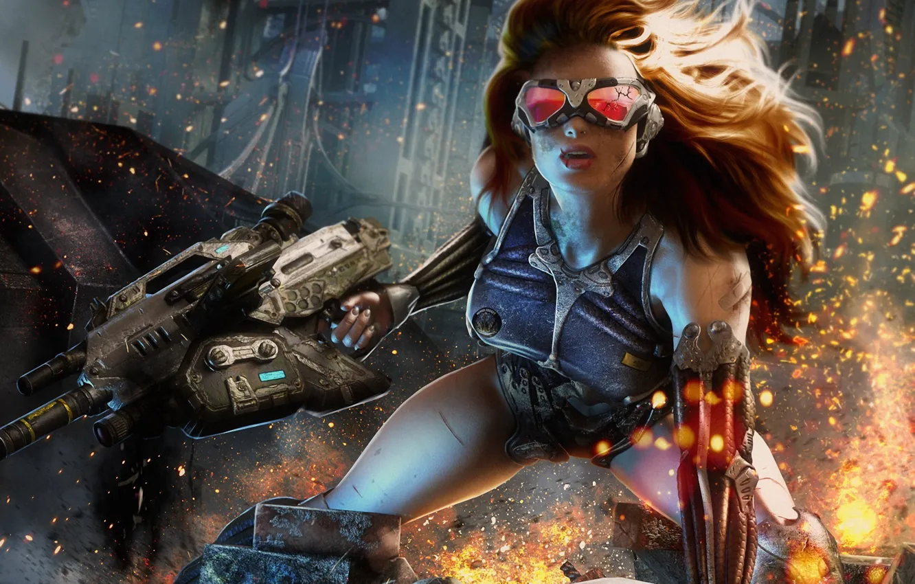 Photo wallpaper girl, the city, weapons, art, glasses, sparks, machine, scar