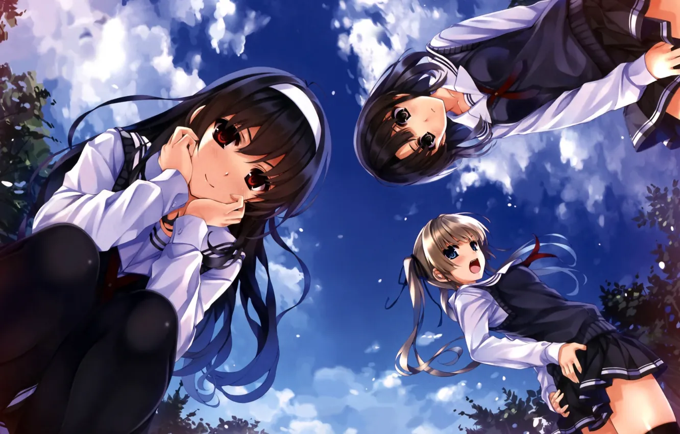 Photo wallpaper the sky, girls, art, form, Schoolgirls, misaki kurehito, bottom view