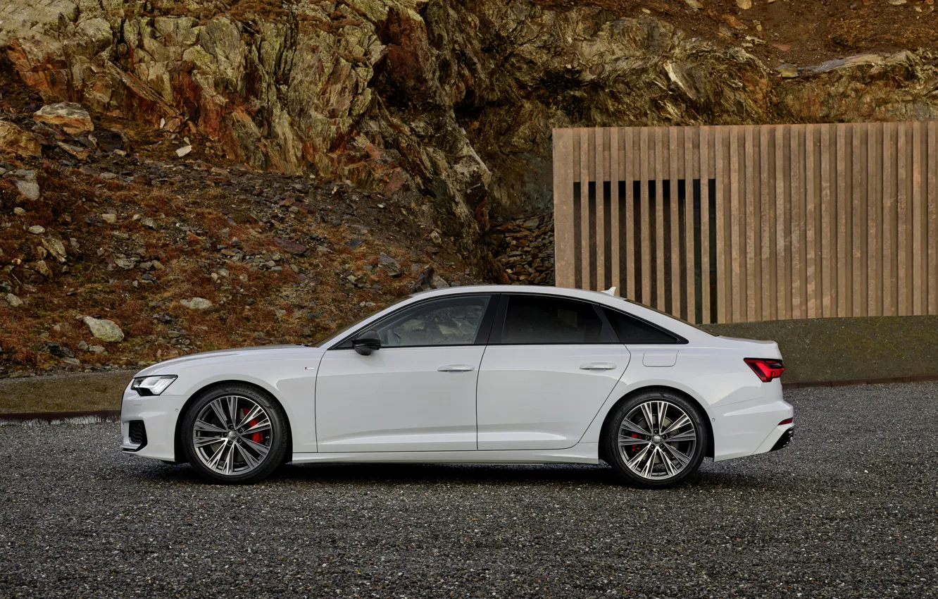 Photo wallpaper white, Audi, sedan, hybrid, in profile, Audi A6, four-door, 2020
